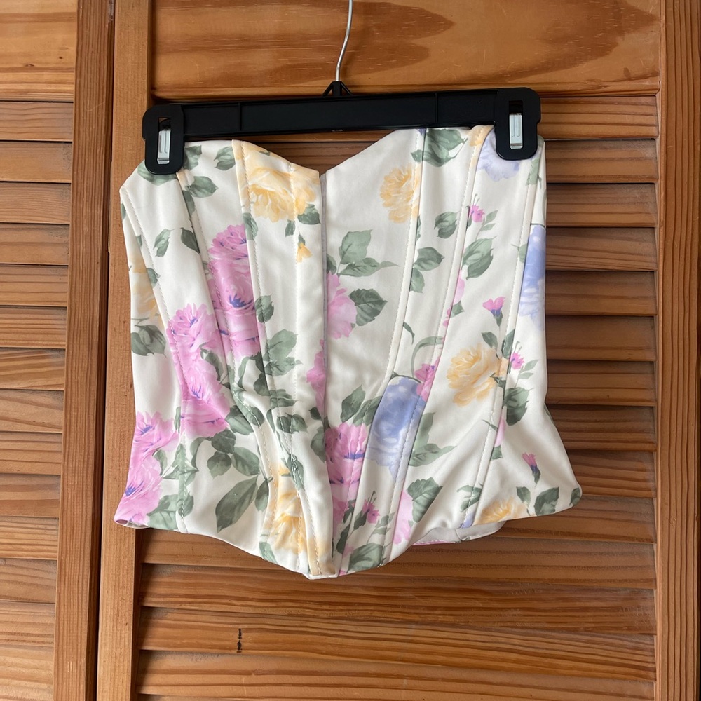 Zara Floral Strapless Blouse - Pink and Yellow - Picture 3 of 4
